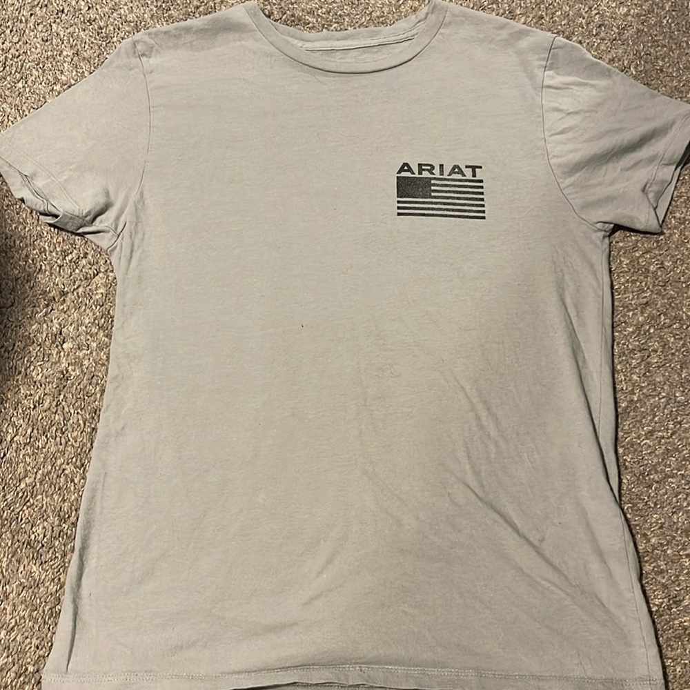 Ariat tshirt with American flag on back. Color gray. Size small